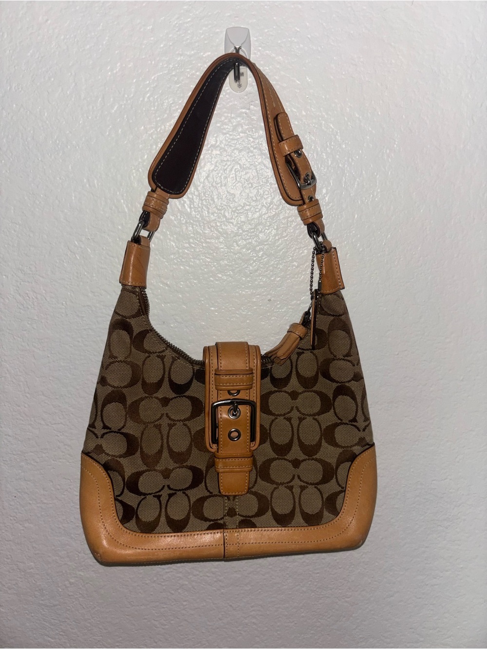 Vintage Coach SoHo Signature Canvas and Tan Leather Buckle Shoulder Bag- 2004